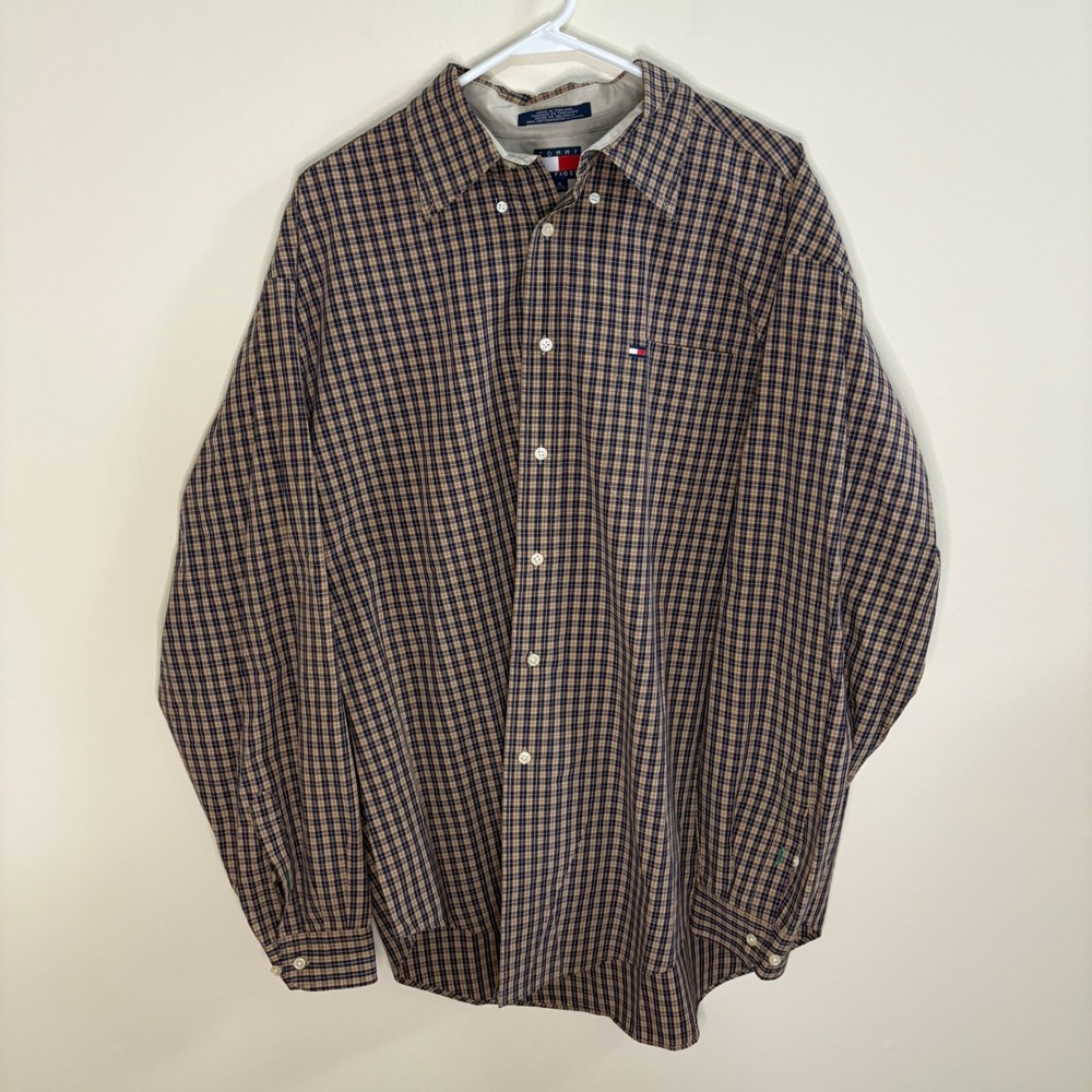 Vintage Tommy Hilfiger Shirt Mens XL Tan Plaid Button Down 90s Cotton